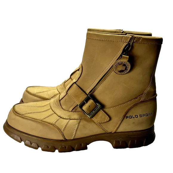 Polo Sport Ralph Lauren Boots Mens 10.5 Yellow Leather Buckle Double Zip VTG