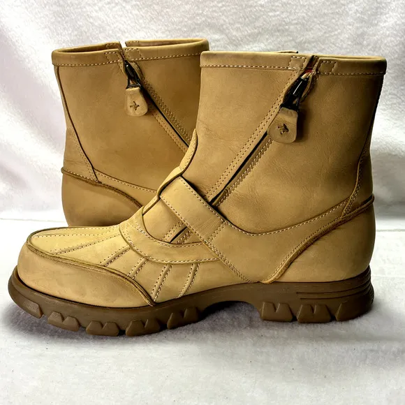 Polo Sport Ralph Lauren Boots Mens 10.5 Yellow Leather Buckle Double Zip VTG