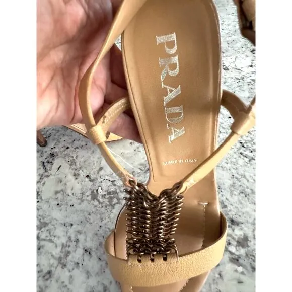 PRADA vintage 2000's beige leather copper chain slingback sandals size 37