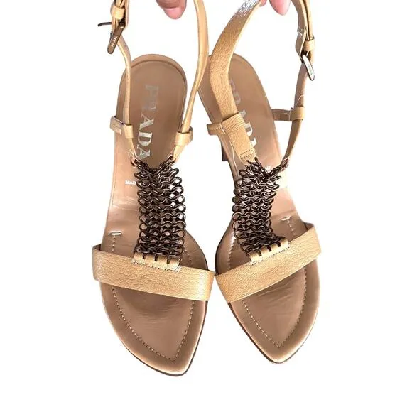 PRADA vintage 2000's beige leather copper chain slingback sandals size 37