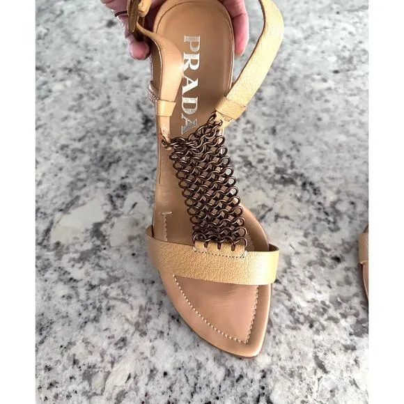PRADA vintage 2000's beige leather copper chain slingback sandals size 37