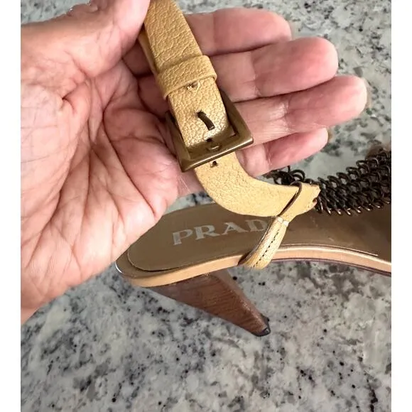 PRADA vintage 2000's beige leather copper chain slingback sandals size 37