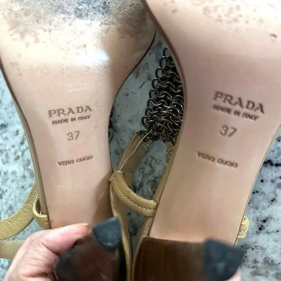 PRADA vintage 2000's beige leather copper chain slingback sandals size 37