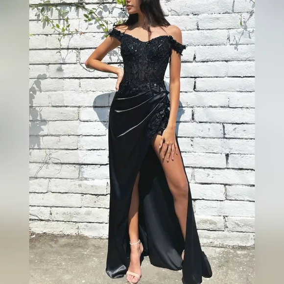Prom dress, formal off the shoulder corset floor length fitted,hunter,black,