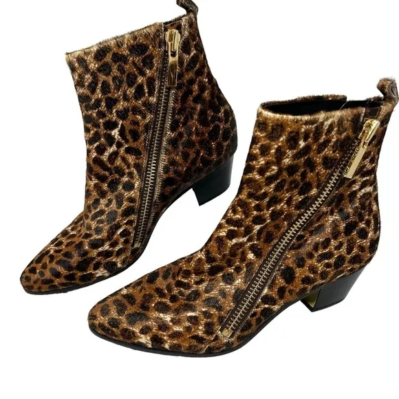 Rachel Zoe Leopard Print Calf Hair Leather Low Heel Ankle Booties Boots Size 7.5
