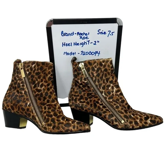 Rachel Zoe Leopard Print Calf Hair Leather Low Heel Ankle Booties Boots Size 7.5
