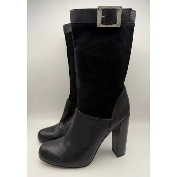Rachel Zoe Womens Claudia Leather &amp; Suede Mid Calf Stack Heel Boots in Black 7.5