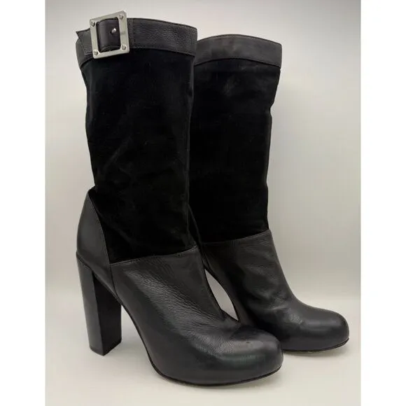 Rachel Zoe Womens Claudia Leather &amp; Suede Mid Calf Stack Heel Boots in Black 7.5