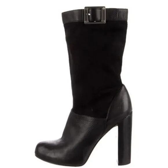 Rachel Zoe Womens Claudia Leather &amp; Suede Mid Calf Stack Heel Boots in Black 7.5
