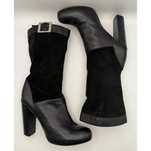Rachel Zoe Womens Claudia Leather &amp; Suede Mid Calf Stack Heel Boots in Black 7.5