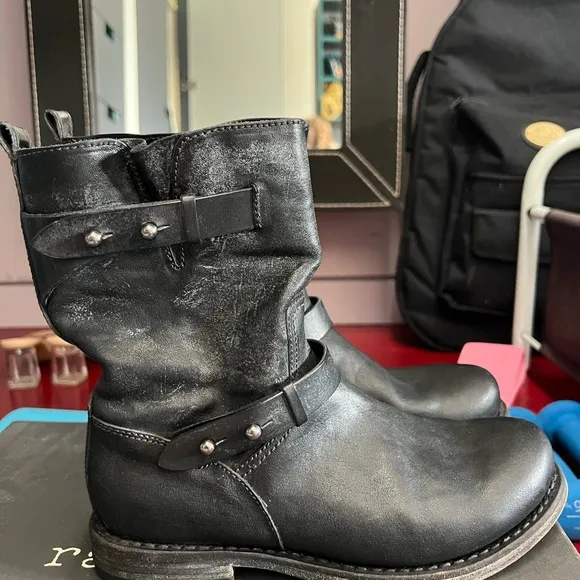 Rag &amp; Bone Black Combat Moto Boots with Buckle Details