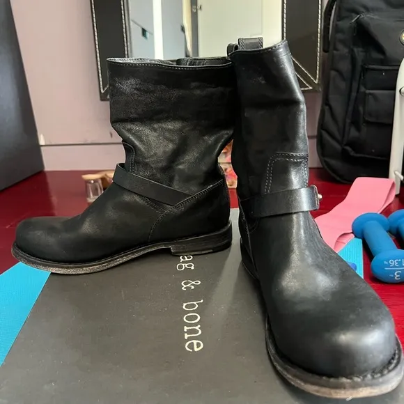 Rag &amp; Bone Black Combat Moto Boots with Buckle Details