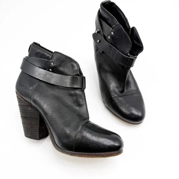 Rag &amp; Bone Harrow Black Leather Boots Bootie, Size 36.5
