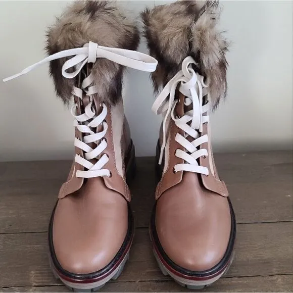 rag &amp; bone Shiloh Leaather Combat Boots with Fur trim Size 8.5 / EU 38.5 NEW