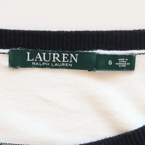Ralph Lauren Black White Striped Knit Boat Neck Long Sleeve Sweater Pullover S
