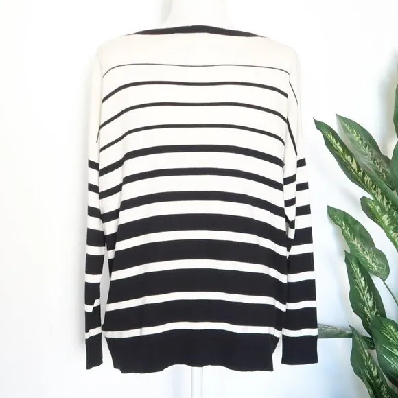 Ralph Lauren Black White Striped Knit Boat Neck Long Sleeve Sweater Pullover S