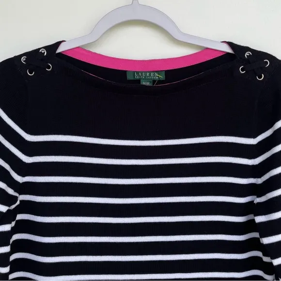 Ralph Lauren Knit Sweater Dress Striped 3/4 Sleeves Stitch Details at Shoulder