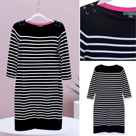 Ralph Lauren Knit Sweater Dress Striped 3/4 Sleeves Stitch Details at Shoulder