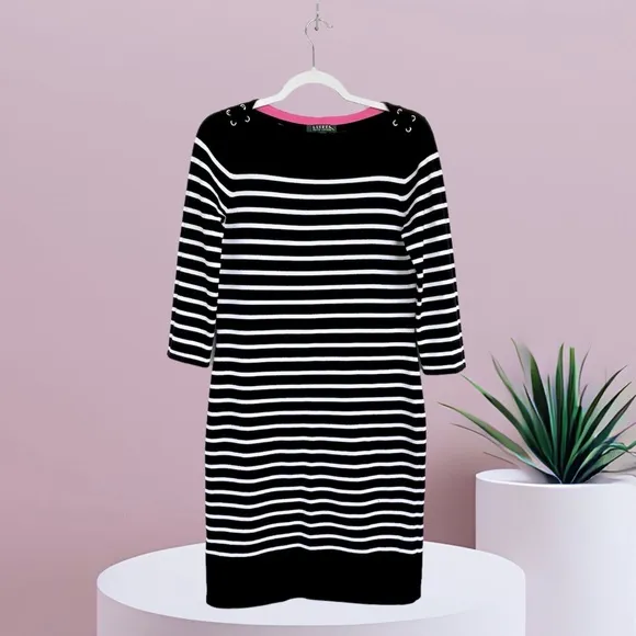 Ralph Lauren Knit Sweater Dress Striped 3/4 Sleeves Stitch Details at Shoulder