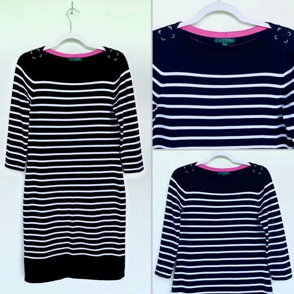 Ralph Lauren Knit Sweater Dress Striped 3/4 Sleeves Stitch Details at Shoulder