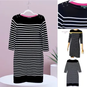 Ralph Lauren Knit Sweater Dress Striped 3/4 Sleeves Stitch Details at Shoulder