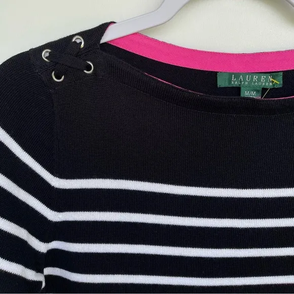 Ralph Lauren Knit Sweater Dress Striped 3/4 Sleeves Stitch Details at Shoulder