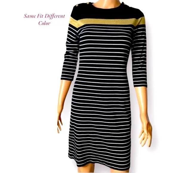 Ralph Lauren Knit Sweater Dress Striped 3/4 Sleeves Stitch Details at Shoulder