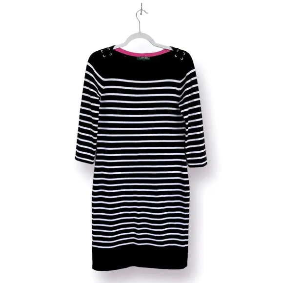 Ralph Lauren Knit Sweater Dress Striped 3/4 Sleeves Stitch Details at Shoulder
