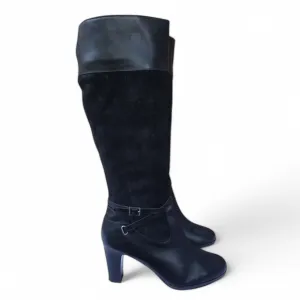 Ralph Lauren Misa Black Knee High Heel Boots Size 10B Suede Leather Zip Strap