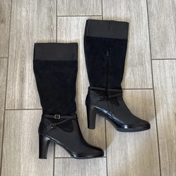 Ralph Lauren Misa Black Knee High Heel Boots Size 10B Suede Leather Zip Strap