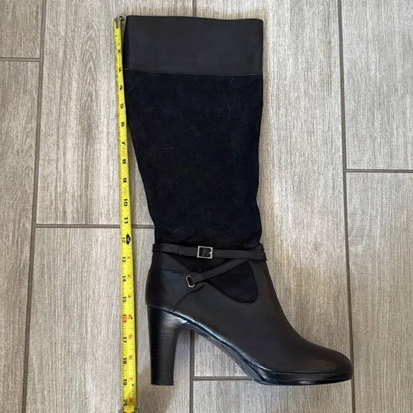 Ralph Lauren Misa Black Knee High Heel Boots Size 10B Suede Leather Zip Strap