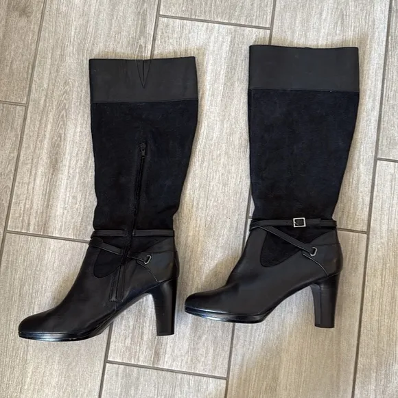 Ralph Lauren Misa Black Knee High Heel Boots Size 10B Suede Leather Zip Strap