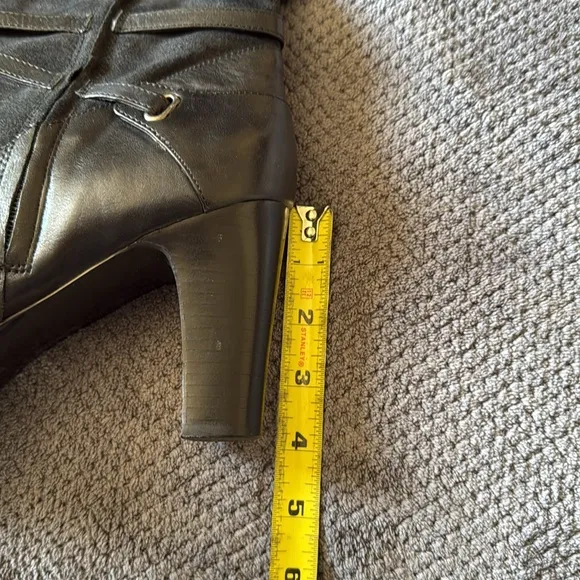Ralph Lauren Misa Black Knee High Heel Boots Size 10B Suede Leather Zip Strap