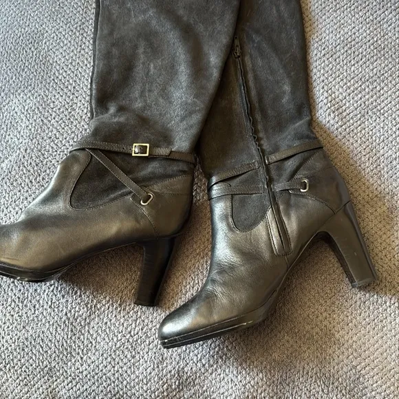 Ralph Lauren Misa Black Knee High Heel Boots Size 10B Suede Leather Zip Strap
