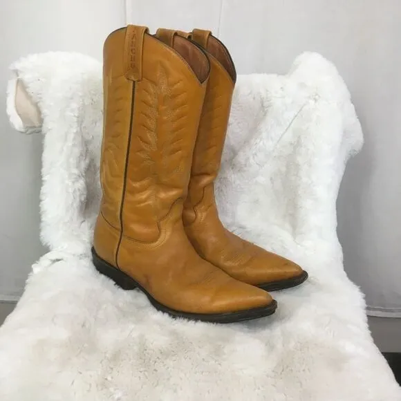 Rancho Men's Camel Leather Embossed Western Cowboy Boots Size 8.5