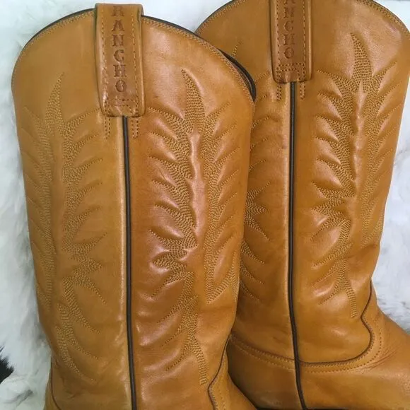 Rancho Men's Camel Leather Embossed Western Cowboy Boots Size 8.5