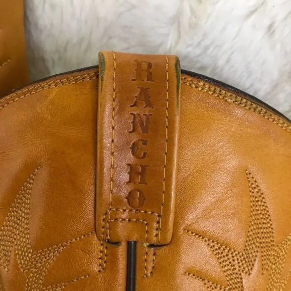 Rancho Men's Camel Leather Embossed Western Cowboy Boots Size 8.5