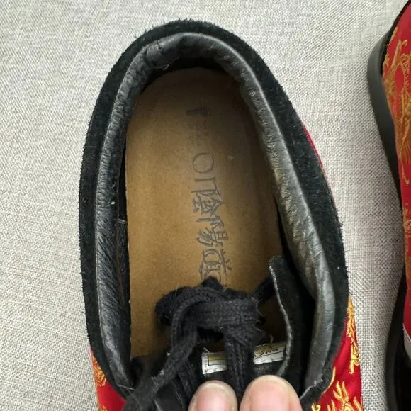 Rare Onmyodo Tatsu Ne Dragon Brocade &amp; Leather Shoe 9M/10.5W Eu 42.5 Cork insole