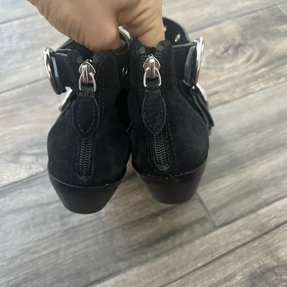 Rebecca Minkoff Kianna Black Suede Cutout Western Style Ankle Boots Size 7M