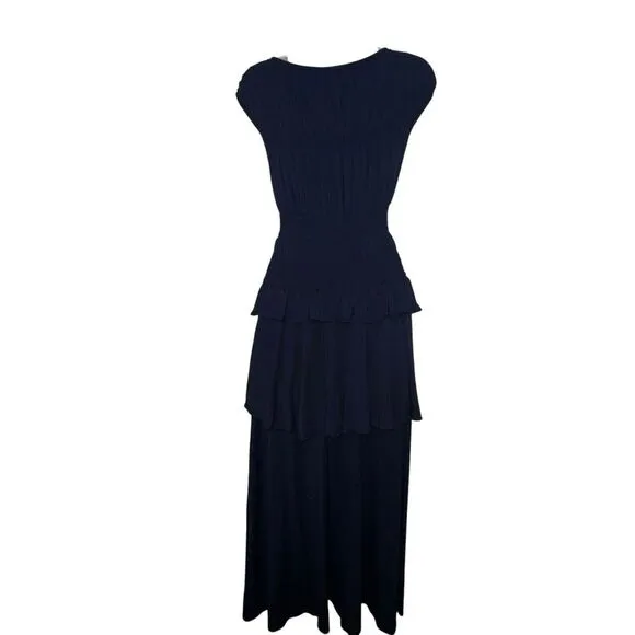 REBECCA TAYLOR‎  Tiered Ruffle Layered Midi-Dress Marine Blue Cap Sleeves Small