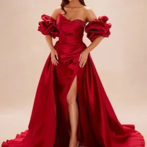 Red Formal Dress. Black prom dress. Strapless puff sleeve ball gown
