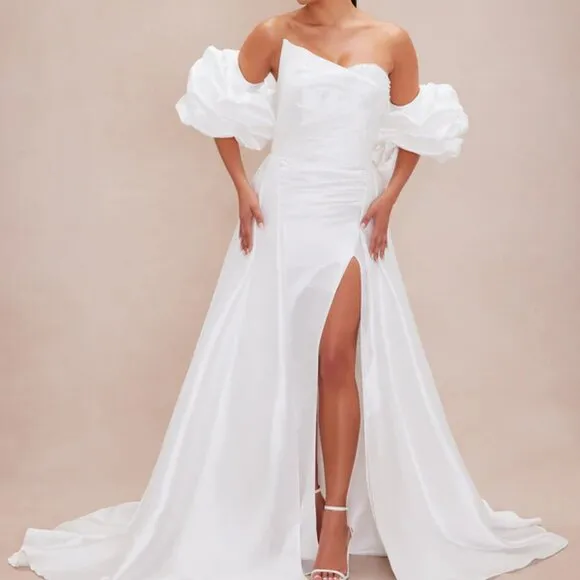 Red Formal Dress. Black prom dress. Strapless puff sleeve ball gown