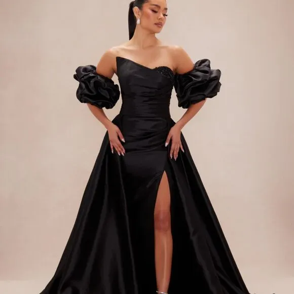 Red Formal Dress. Black prom dress. Strapless puff sleeve ball gown