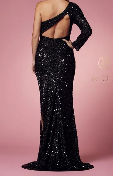 Red or black new fitted sequin one shoulder long open back leg slit dress