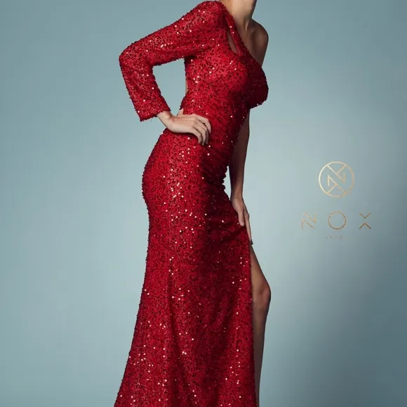 Red or black new fitted sequin one shoulder long open back leg slit dress