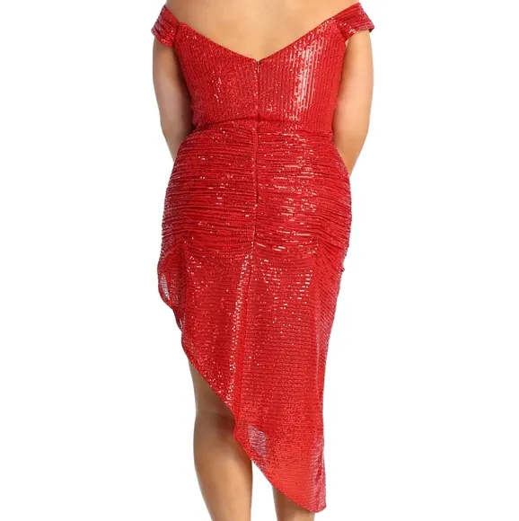 Red sequin asymmetrical off shoulder cocktail dress