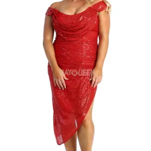 Red sequin asymmetrical off shoulder cocktail dress
