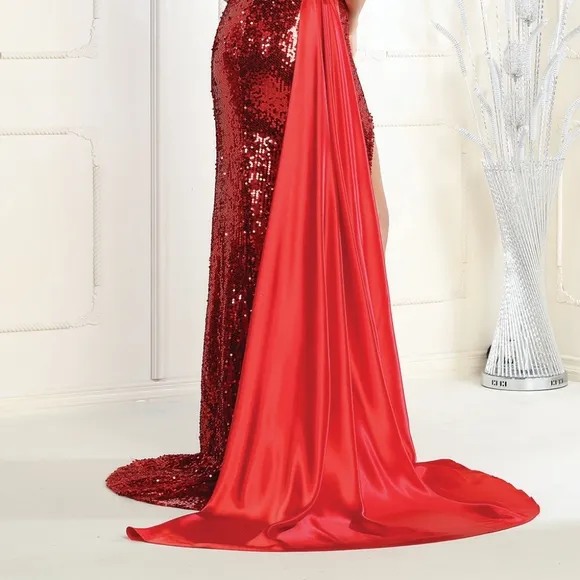 Red sequin fitted gown. Rosegold, black sheath semi open back gown