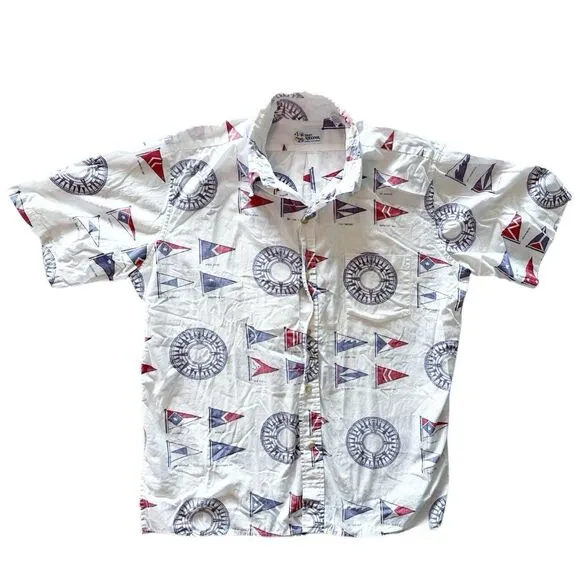 Reyn Spooner Mens Button Hawaiian Aloha Shirt Sail Boat Nautical Pocket Size L