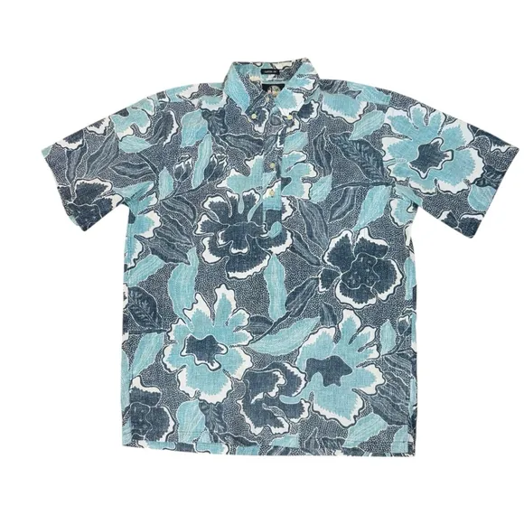 Reyn Spooner Popover 1/4 button down Hawaiian Floral Shirt Size M Blue boat